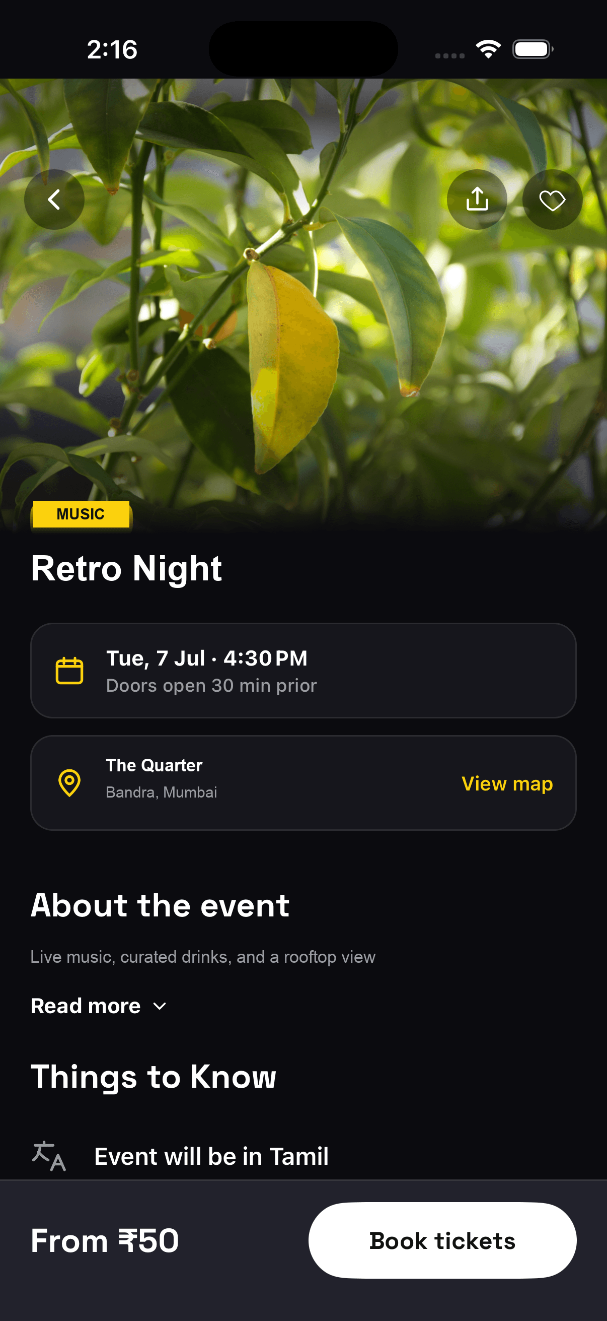 Event detail screen with date, venue, and booking