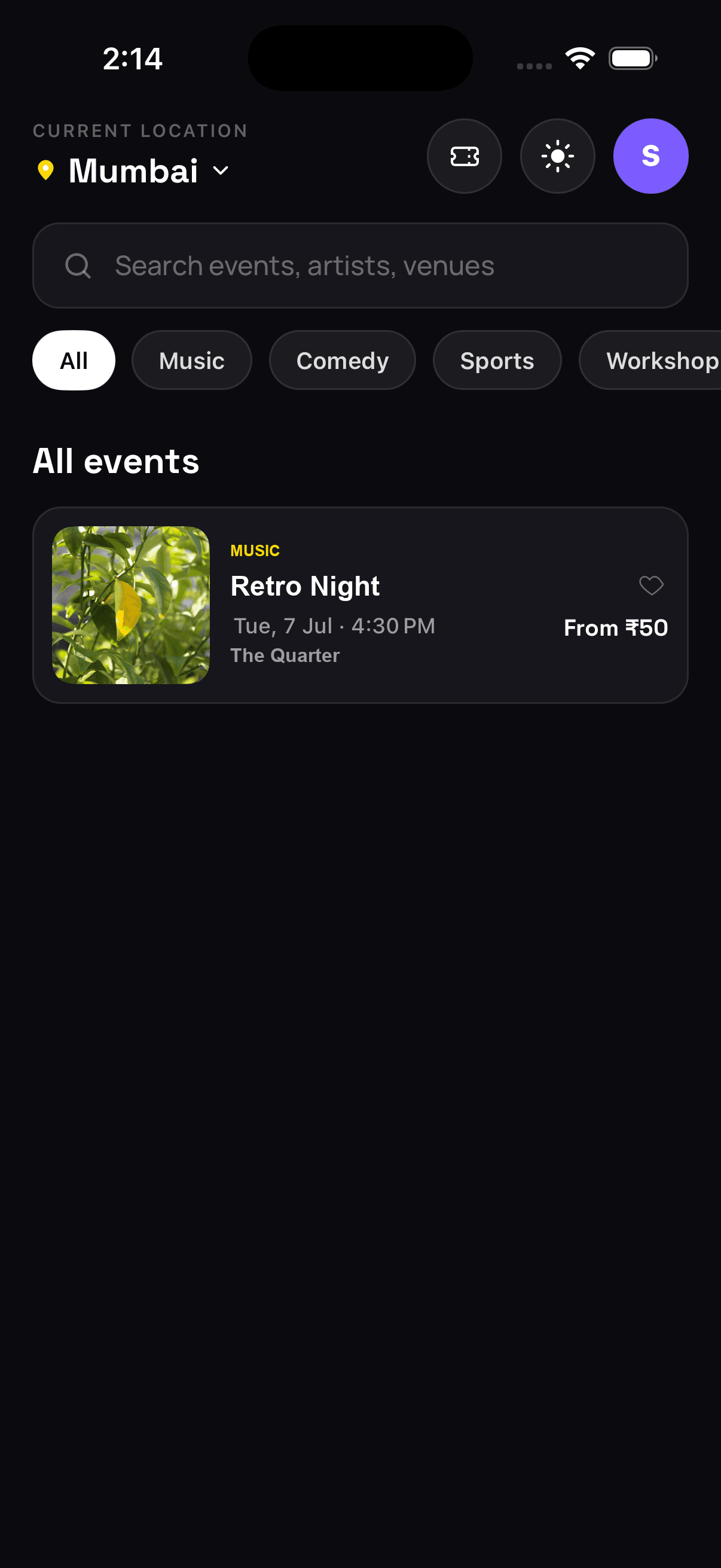 Explore screen with location, search, and category filters