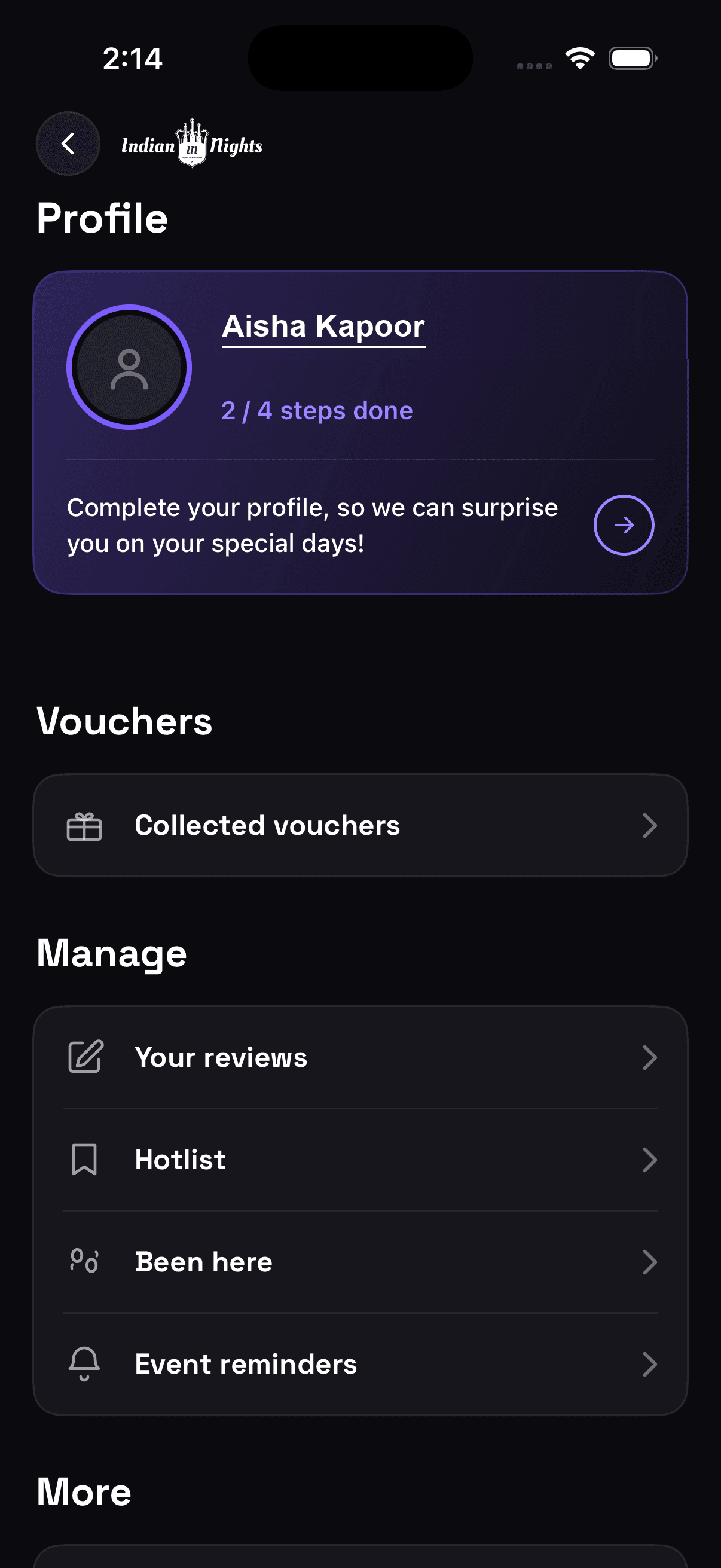 Profile screen with vouchers, reviews, Hotlist, and reminders