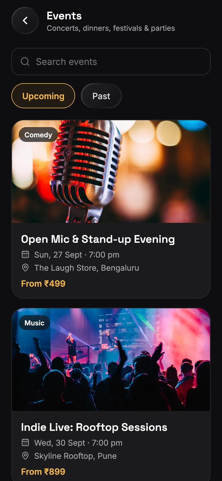 Browsing upcoming events in the Indian Nights app